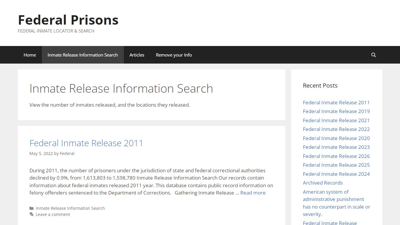 Inmate Release Information Search – Federal Prisons